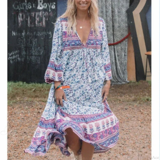 Floral Print Long Sleeve Tassel Loose V-neck Rayon Boho Midi Dress purple / S bohodress-250126