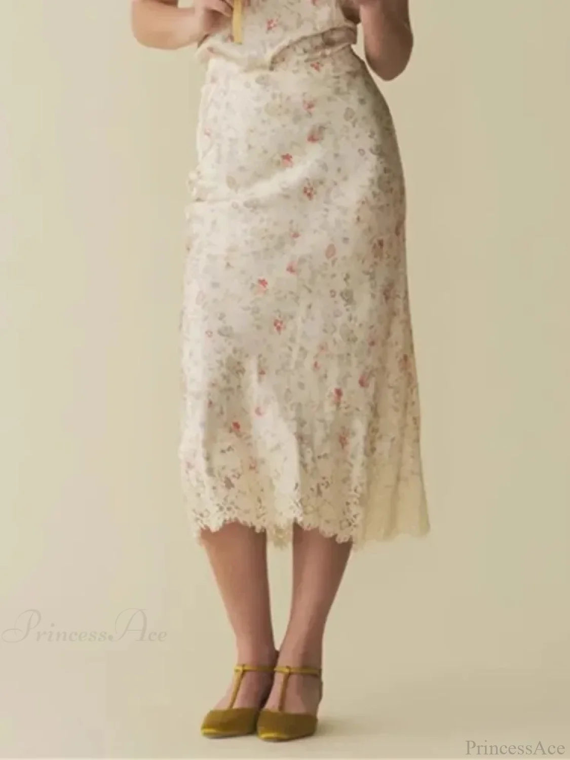 Floral Print Mermaid Lace Splice High Waist Retro Summer Midi Skirt skirt / S skirt-250126