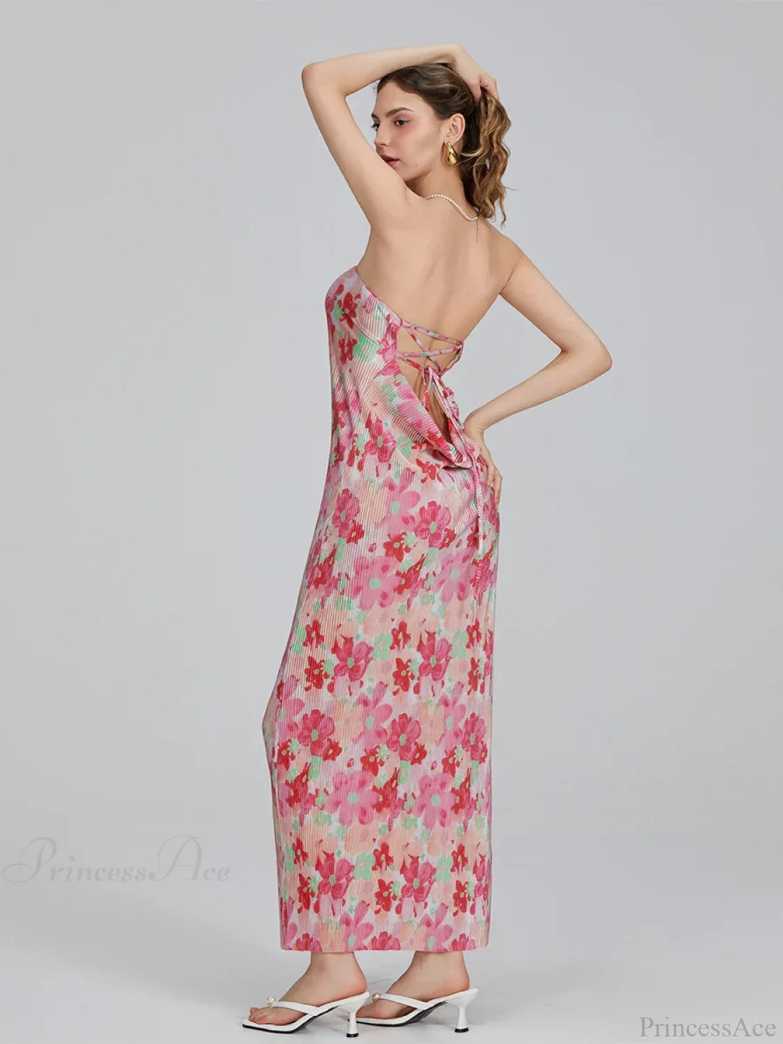 Floral Print Off-Shoulder Bandeau Pleated Tube Top Backless Party Dress floraldress-250126