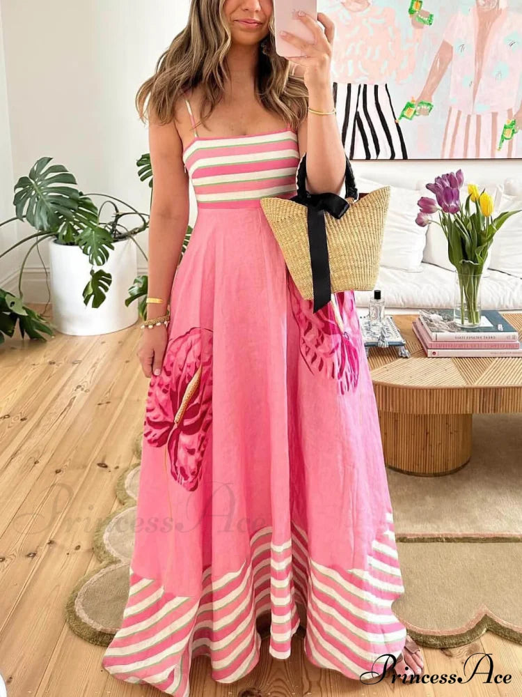 Floral Print Paneled Charming Striped Suspender Mixi Dress Dresses
