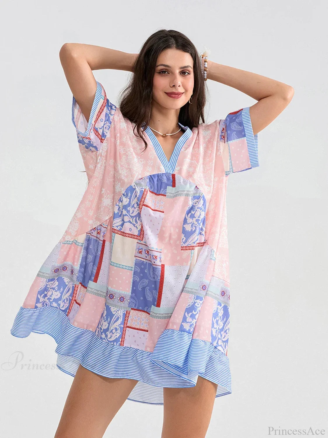 Floral Print Patchwork Flowy V-neck Loose A-Line Mini Floral Dress floraldress-250126