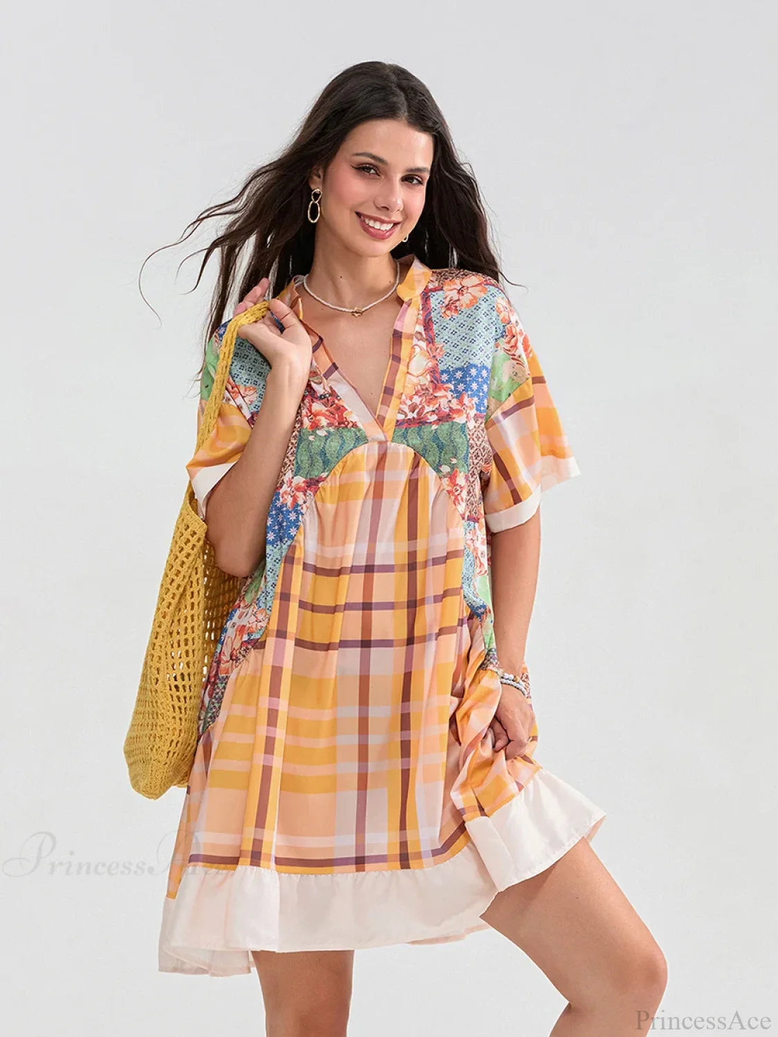 Floral Print Patchwork Flowy V-neck Loose A-Line Mini Floral Dress floraldress-250126