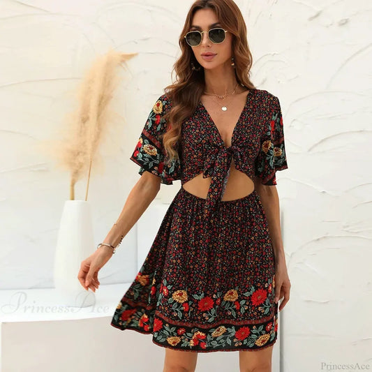 Floral Print Rayon Cotton Deep V-neck Hollow Out Mini Boho Dress Black / M bohodress-250126