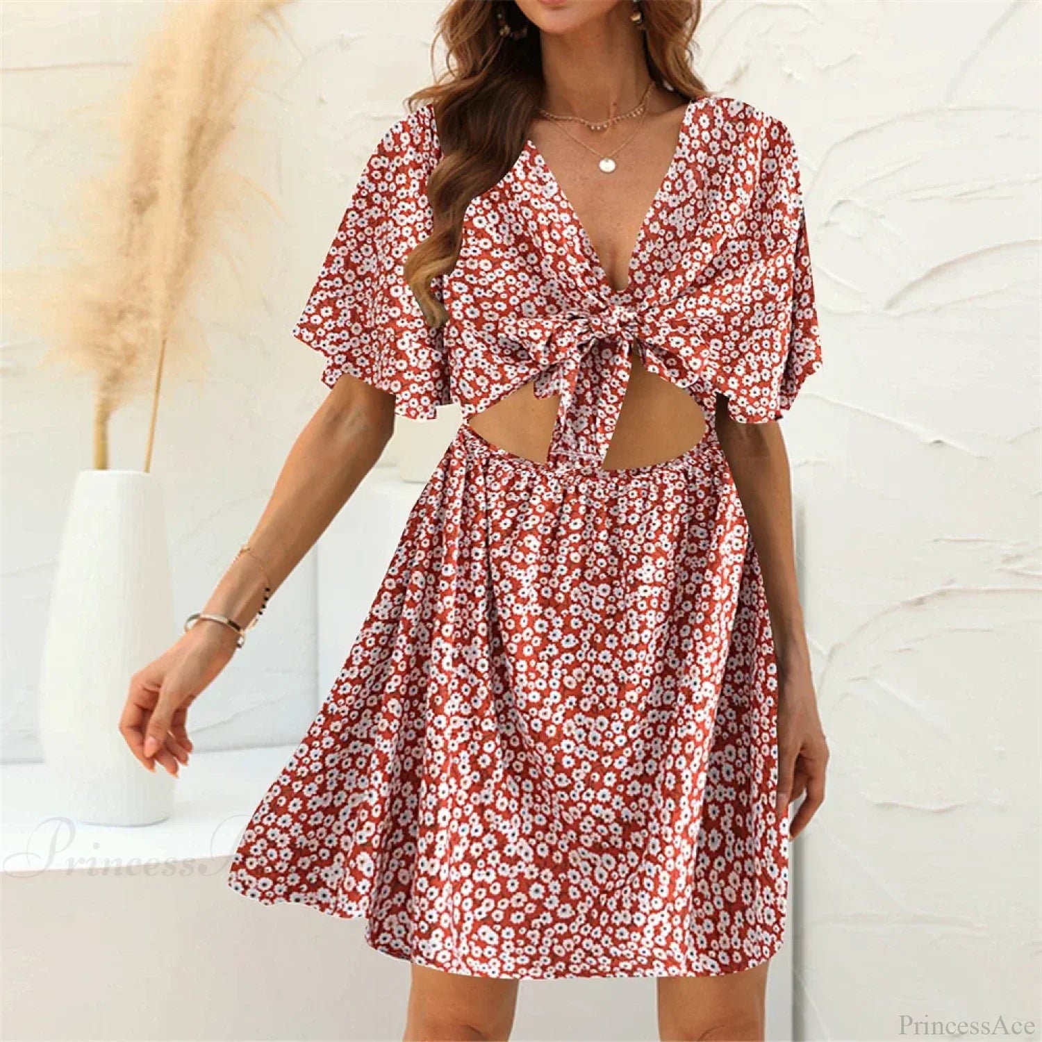 Floral Print Rayon Deep Bow Neck Short Sleeve Sexy Hollow Out Mini Boho Dress Red / M bohodress-250126