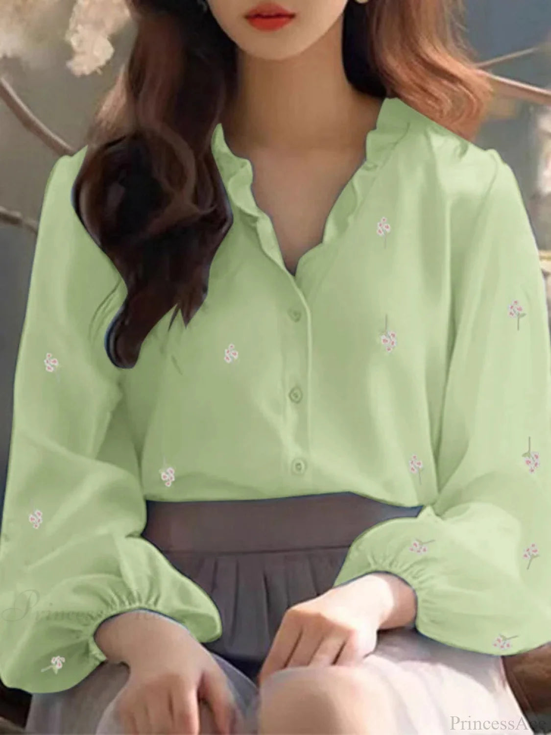 Floral Print Ruffle Collar Blouse Casual Tunic Green / S blouse-250126