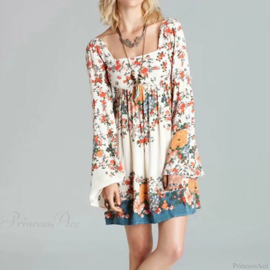 Floral Print Short Sleeve Ruffles Square Collar Mini Boho Dress as picture / S bohodress-250126