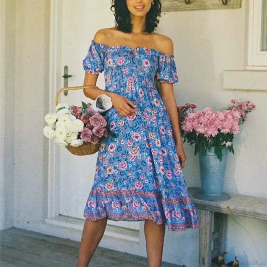 Floral Print Short Sleeve Sexy Off Shoulder Vacation Midi Boho Dress Purple / XS bohodress-250126