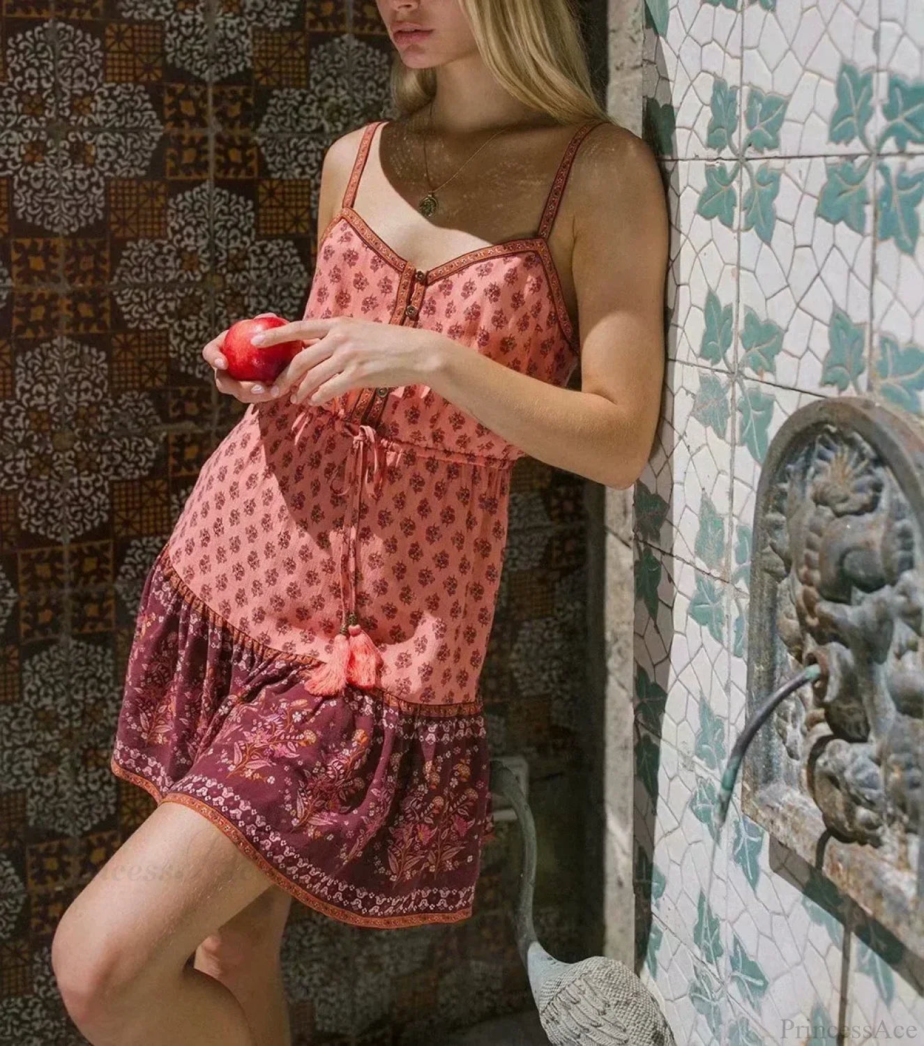 Floral Print Sleeveless Elastic Waist Strapless Rayon Boho Dress Pink / S bohodress-250126