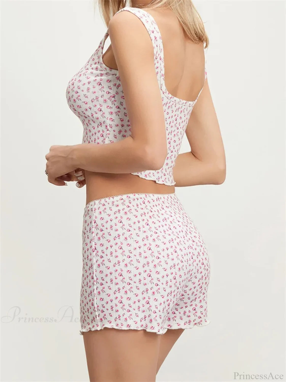 Floral Print Sleeveless Square Neck Camis Crop Top with Shorts Pajama Set twopiecesset-250126