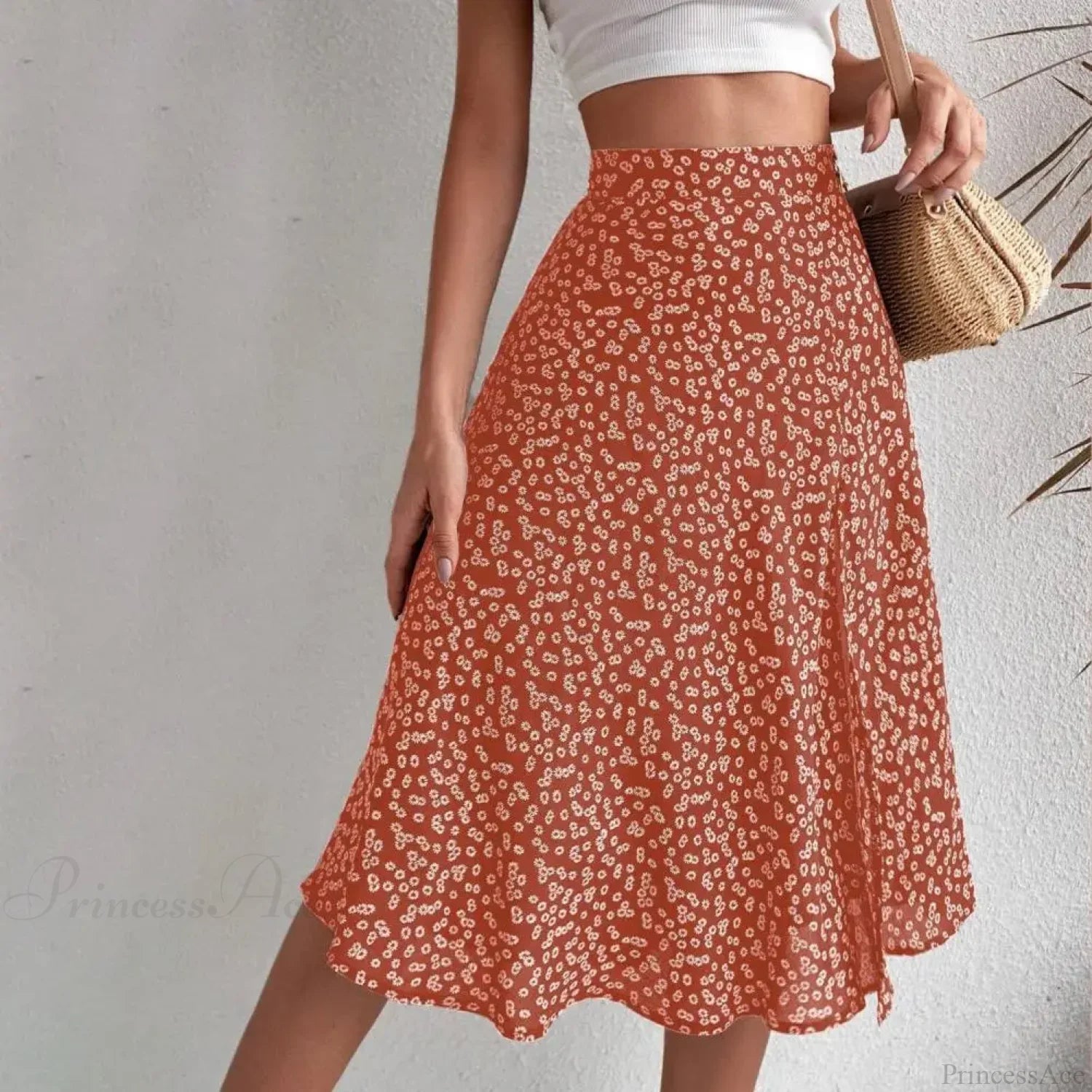 Floral Print Slit A-Line High Waist Loose Skirt Orange / S skirt-250126