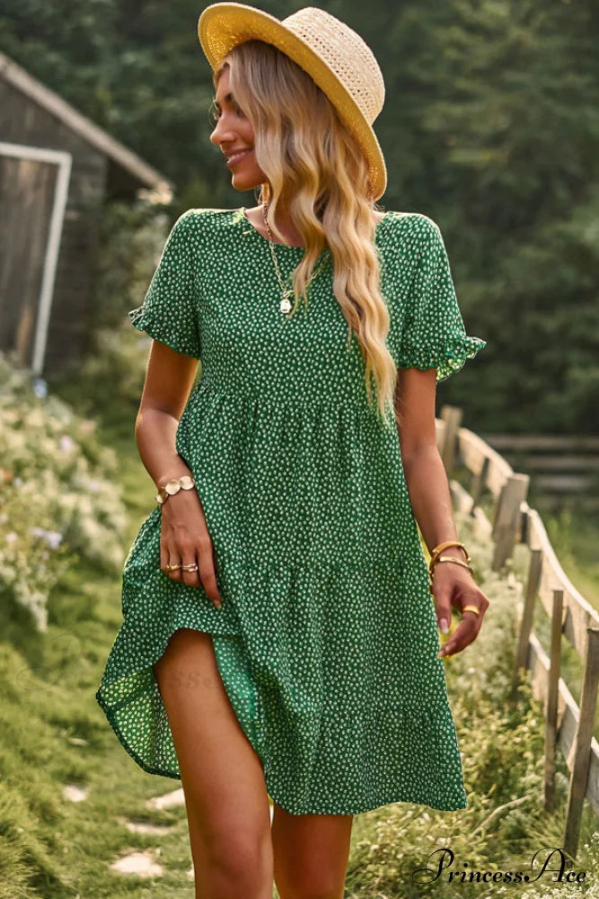 Floral Print Smocked Trendy Bohemian Mini Dress S / Green