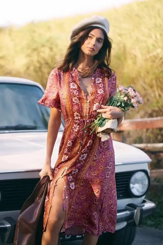 Floral Print Square Collar Short Sleeve Beachwear Boho Midi Dress as picture / S bohodress-250126