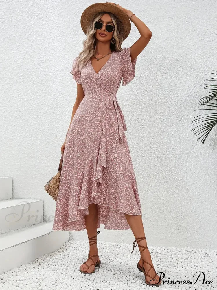 Floral Print Surplice Neck Tied Dress With Flutter Sleeves M / Blue Pink Floral Maxi Dress