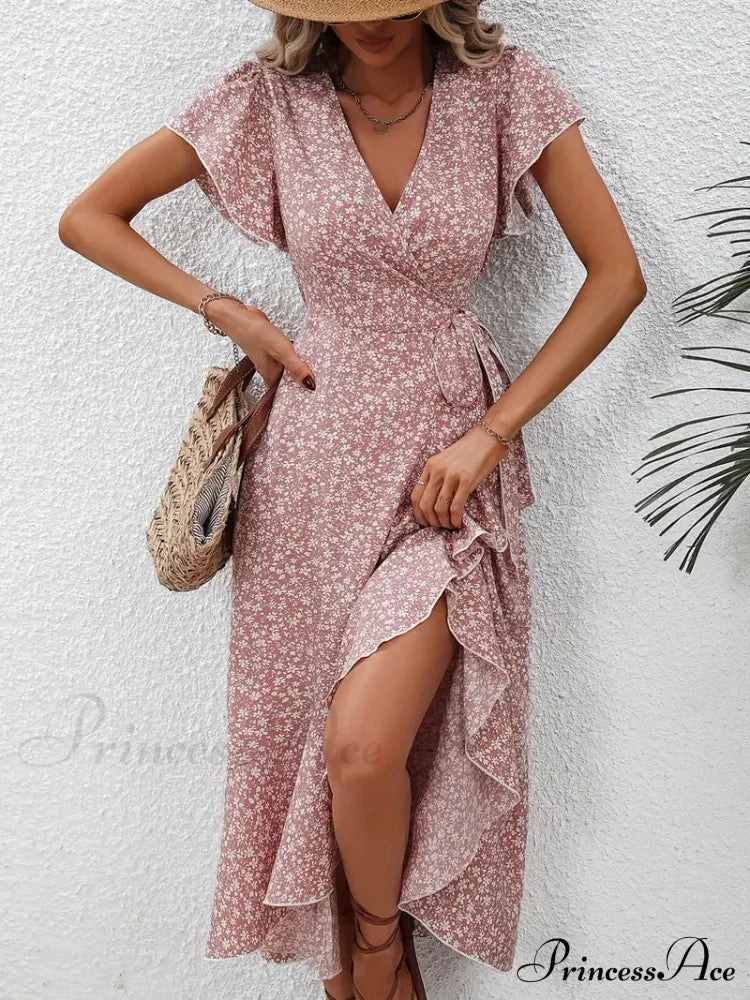 Floral Print Surplice Neck Tied Dress With Flutter Sleeves M / Red Pink Floral Maxi Dress