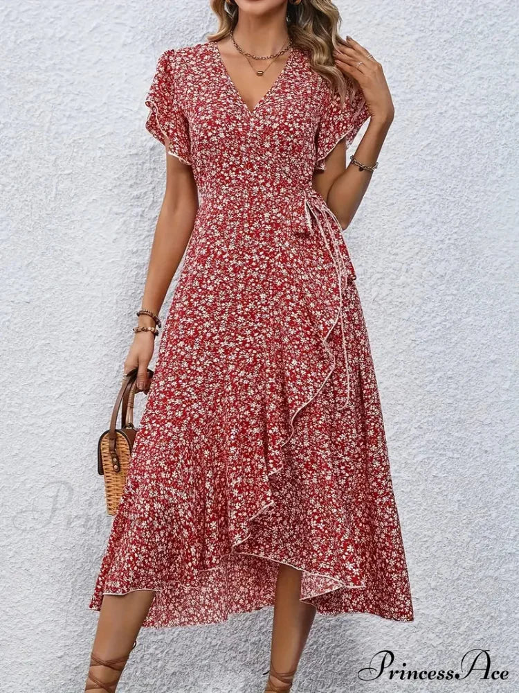 Floral Print Surplice Neck Tied Dress With Flutter Sleeves S / Blue Pink Floral Maxi Dress