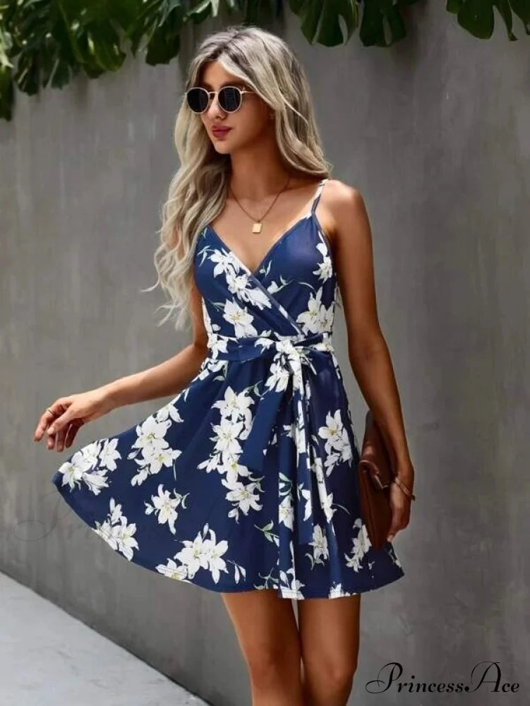 Floral Print Surplice Trendy Front Belted Cami Dress