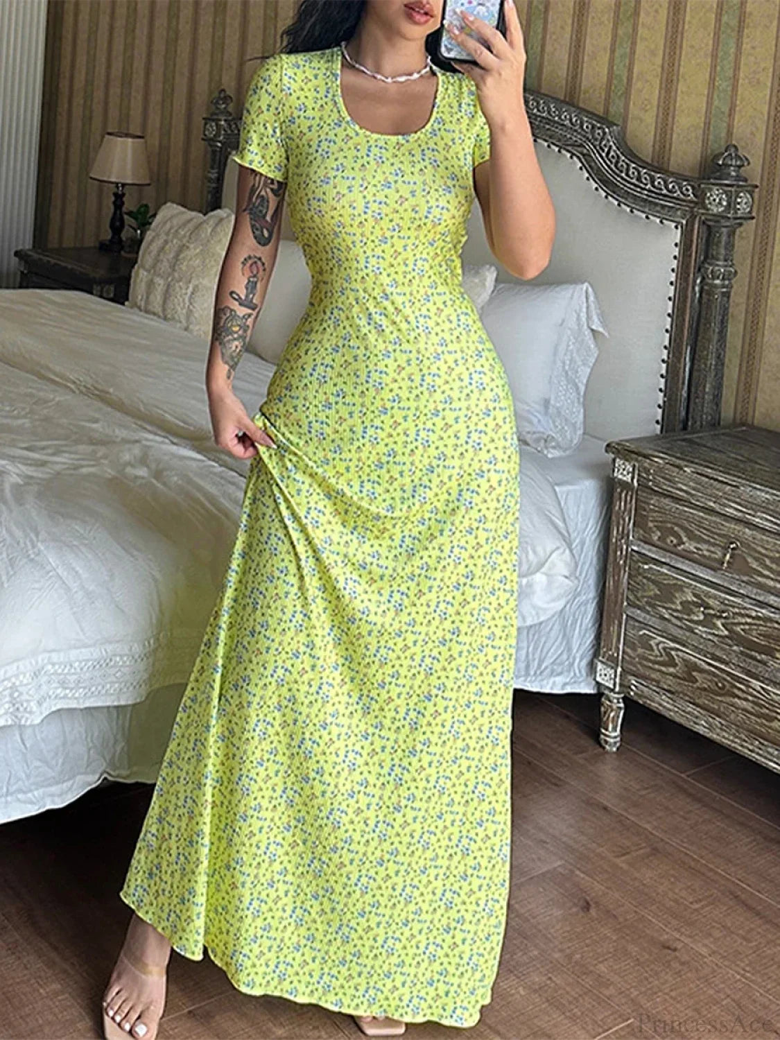 Floral Print T-Shirt Tie Back U-neck A-Line Long Floral Dress floraldress-250126