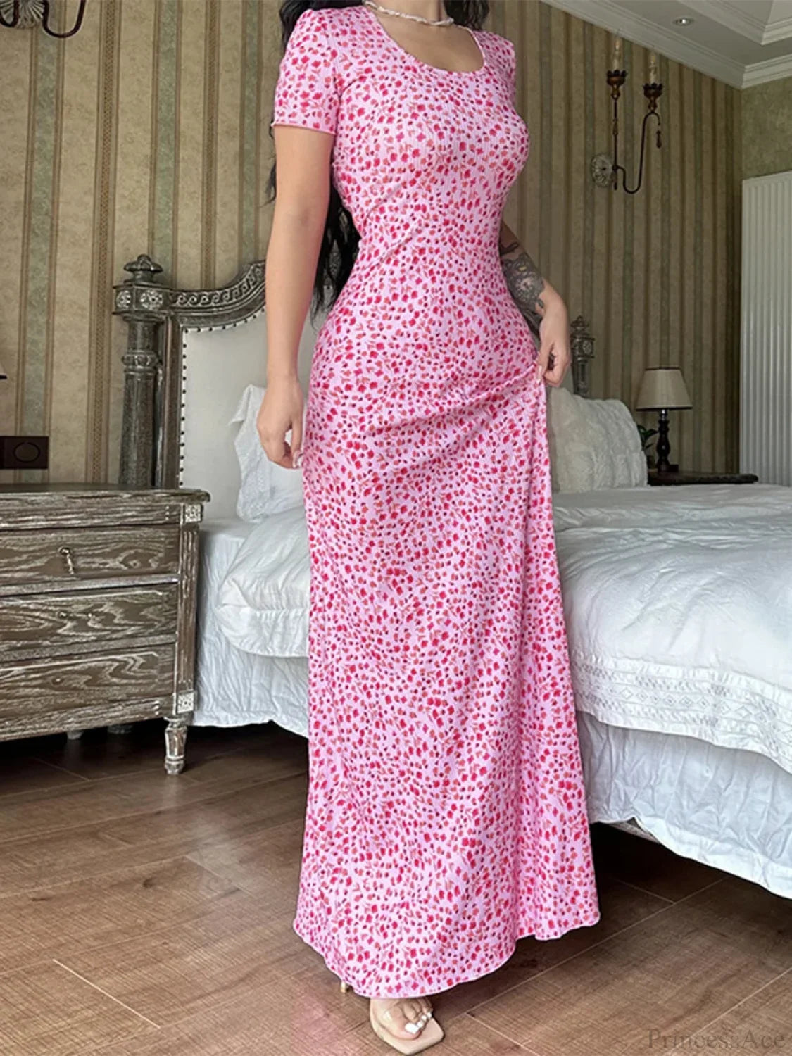 Floral Print T-Shirt Tie Back U-neck A-Line Long Floral Dress pink1 / S floraldress-250126