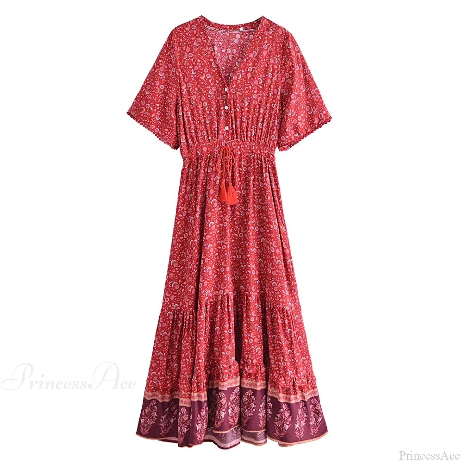 Floral Print Tassel V-neck Rayon Cotton Maxi Boho Dress bohodress-250126
