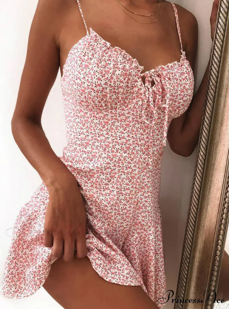 Floral Print Tie Front Mini Dress For Women S / Pink Dresses