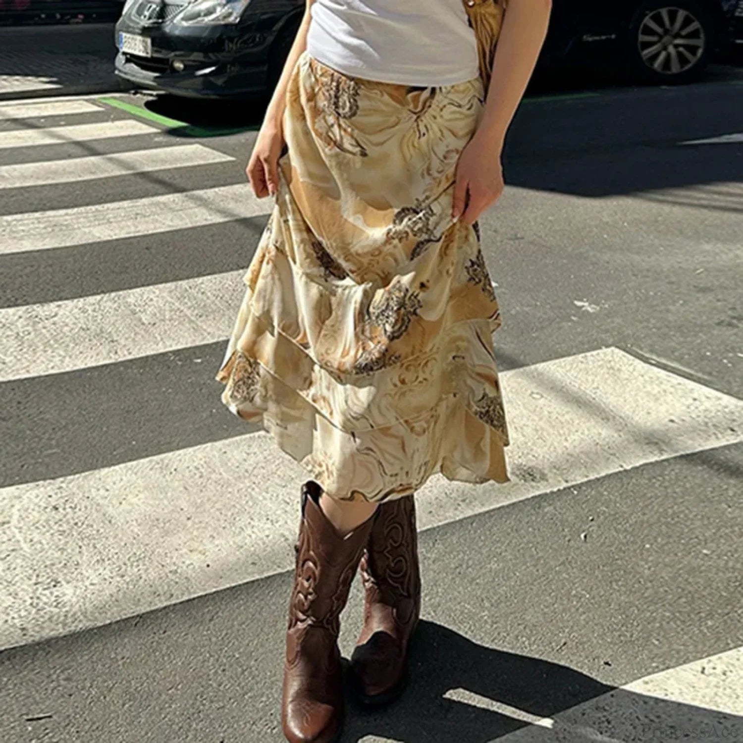 Floral Print Tiered A-Line Midi Skirt skirt-250126