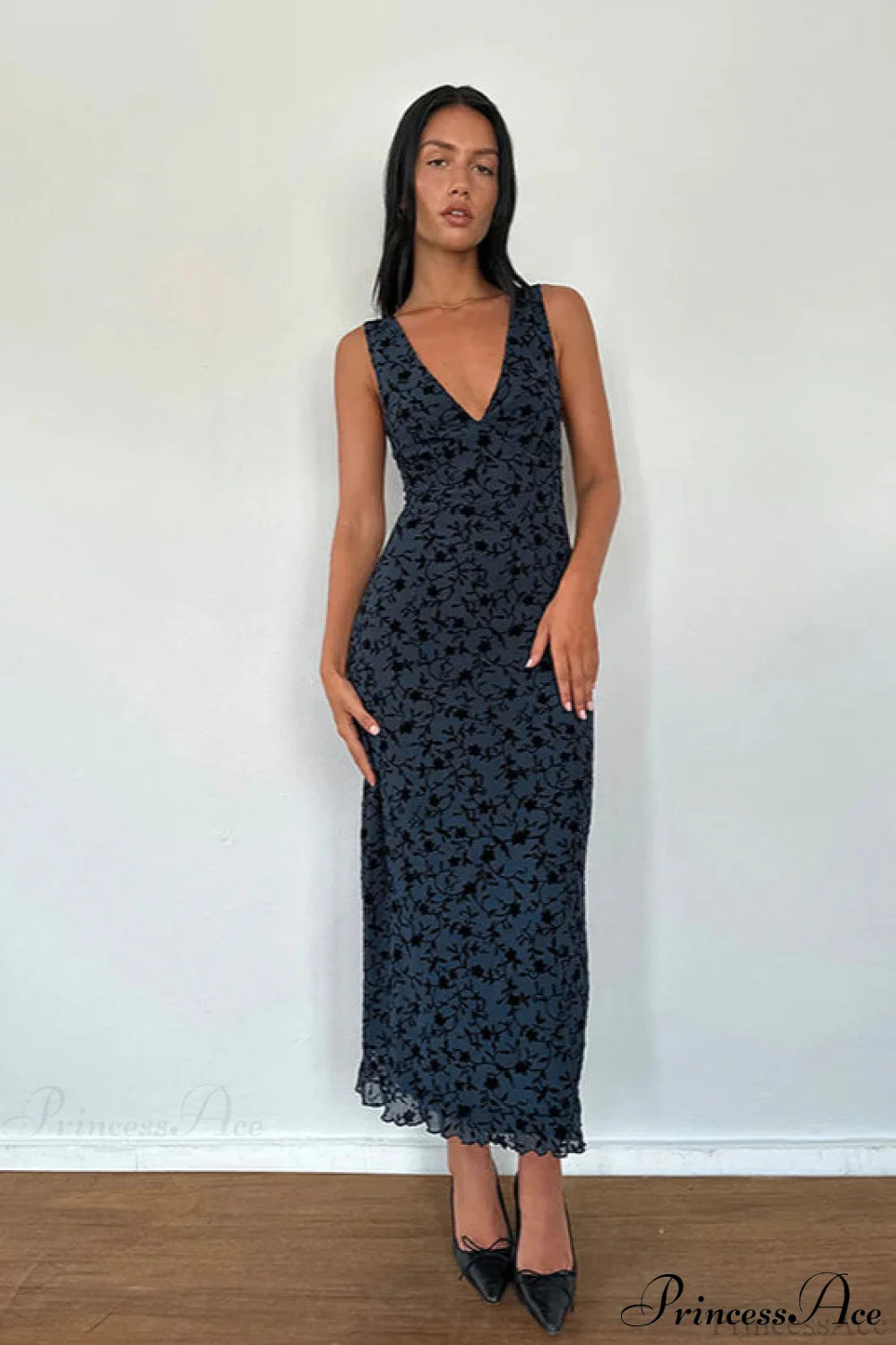 Floral Print V-Neck Sleeveless Fitted Party Dress