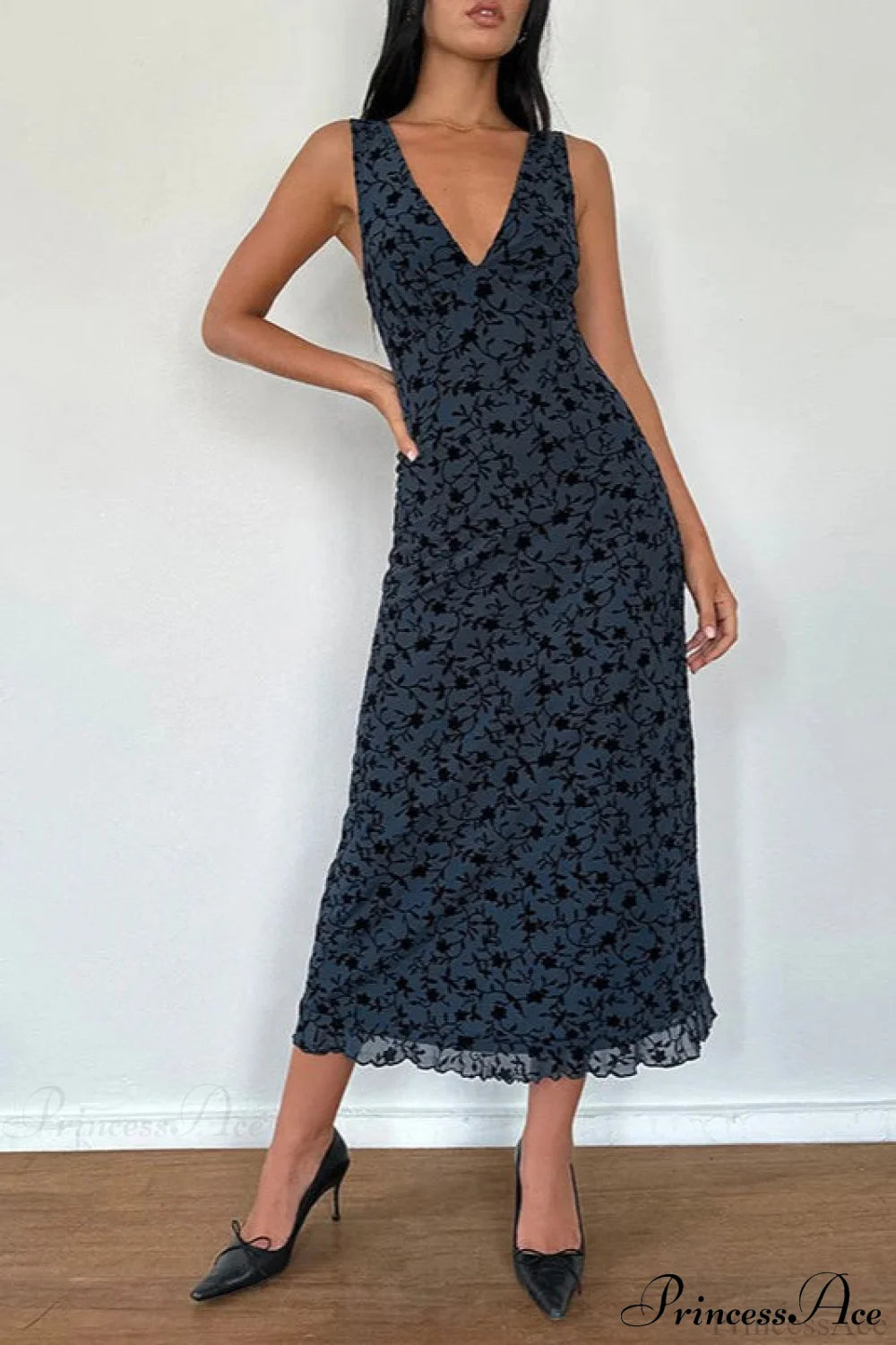 Floral Print V-Neck Sleeveless Fitted Party Dress