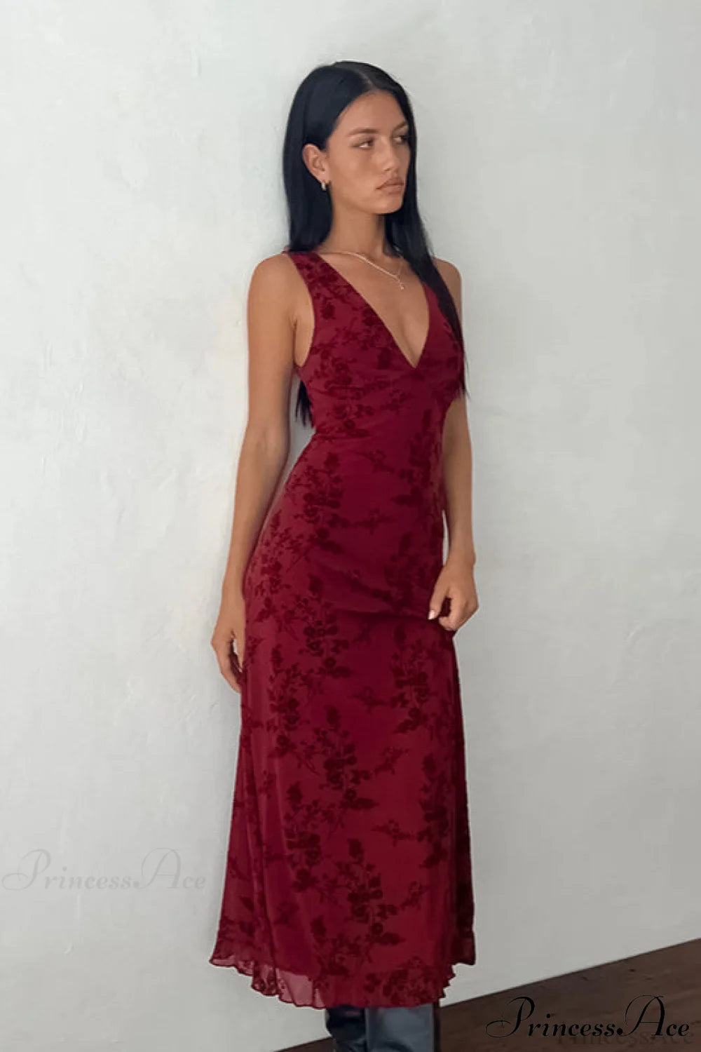 Floral Print V-Neck Sleeveless Fitted Party Dress Burgundy / XS
