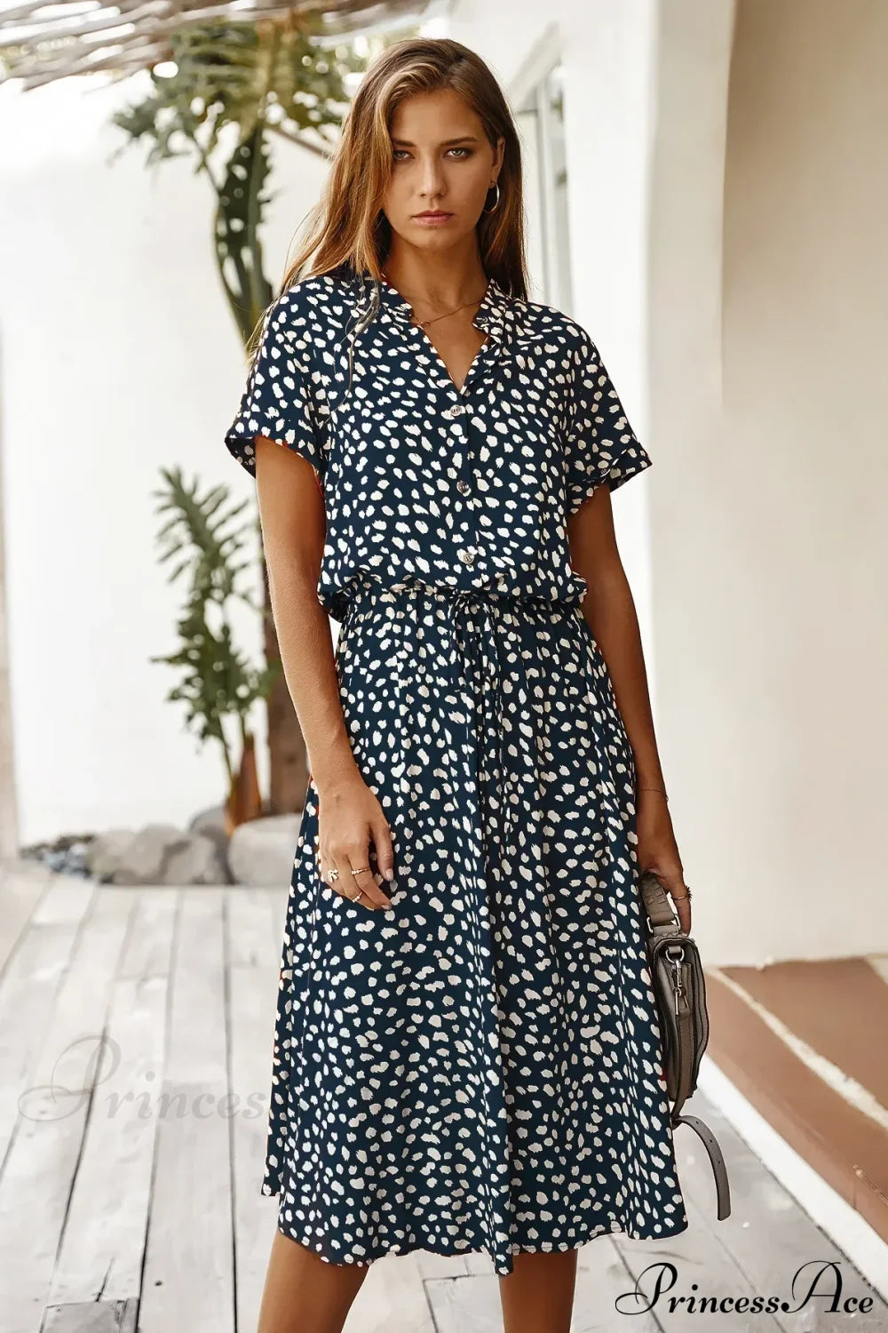 Floral Print Vintage Short Sleeve Boho Dress Navy Blue / S