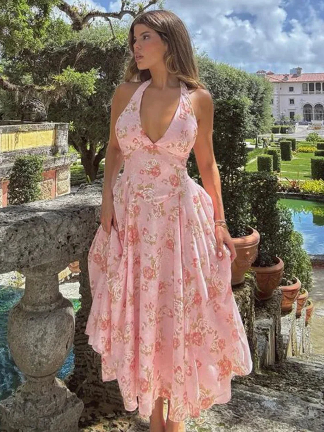 Floral Print Waist Wrap A-line Vacation Dress vacationdress-250223