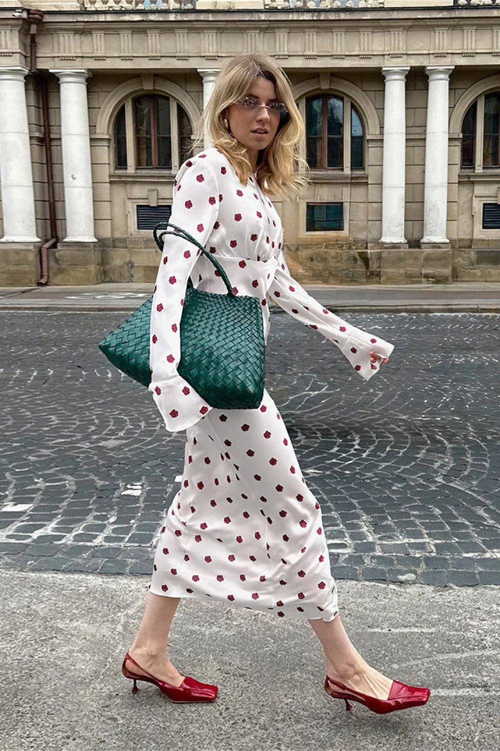 Floral Round Neck Flare Sleeve Fitted Maxi Dress White / S