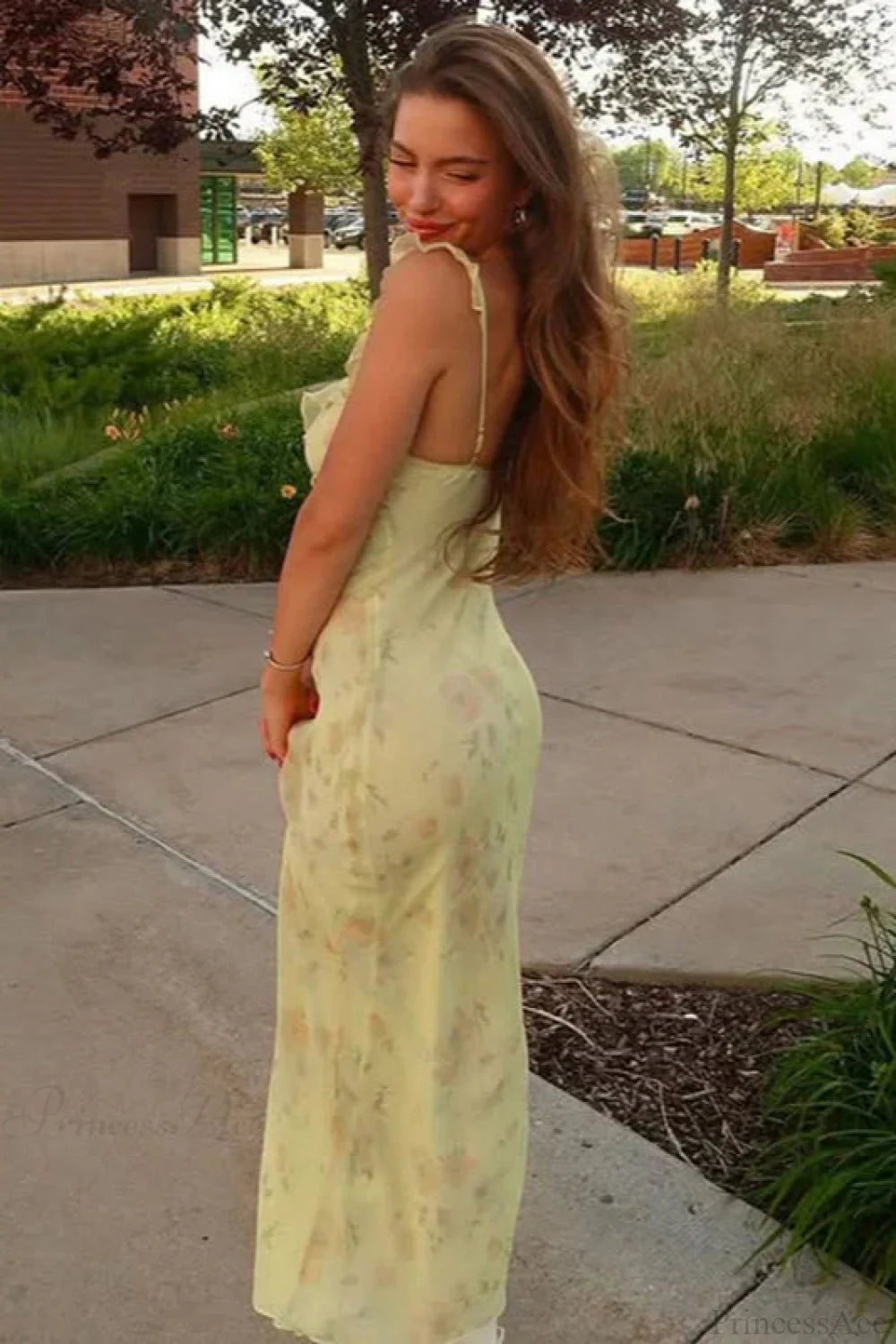 Floral Ruffle Strap Ruffled Sleeve Maxi Dress