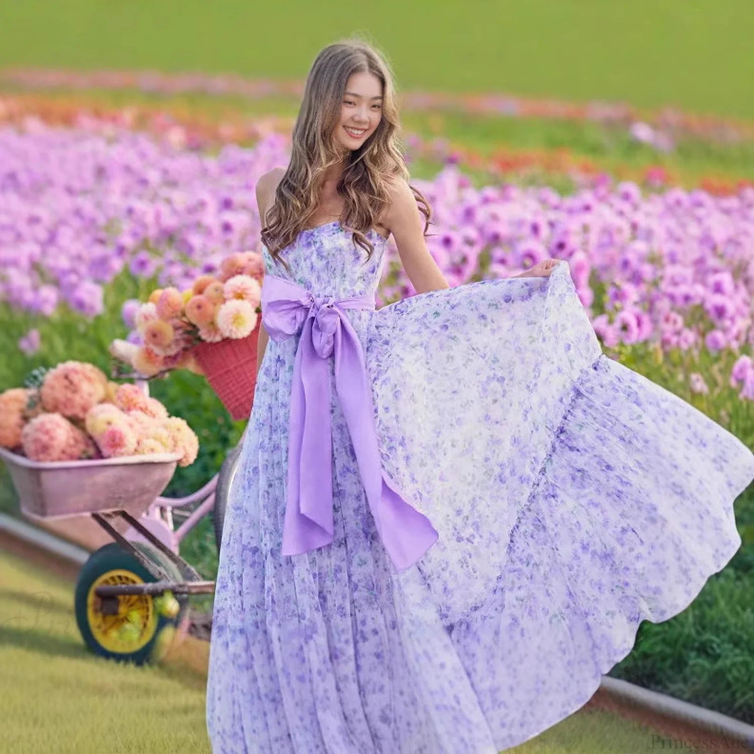 Floral Ruffle V-Neck High Hem Prom Dress promdress-250223