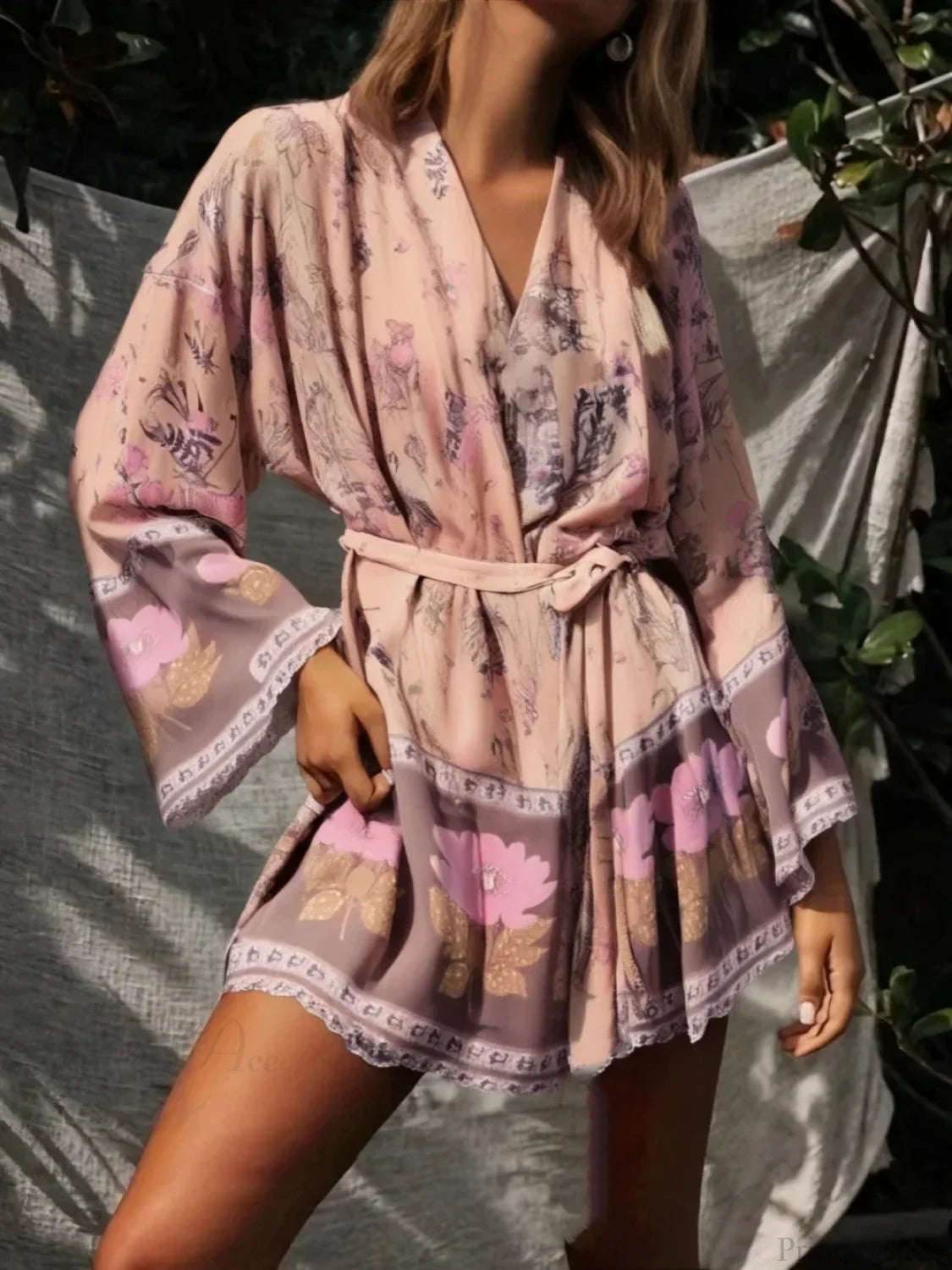 Floral Sashes Bat Sleeve Boho Kimono Dress Pink / S