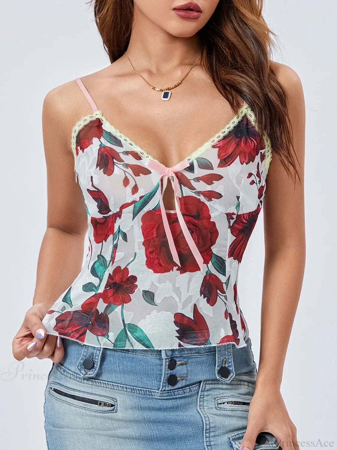 Floral Spaghetti Strap Bandage Lace Trim V-neck Camisole croptop-250126