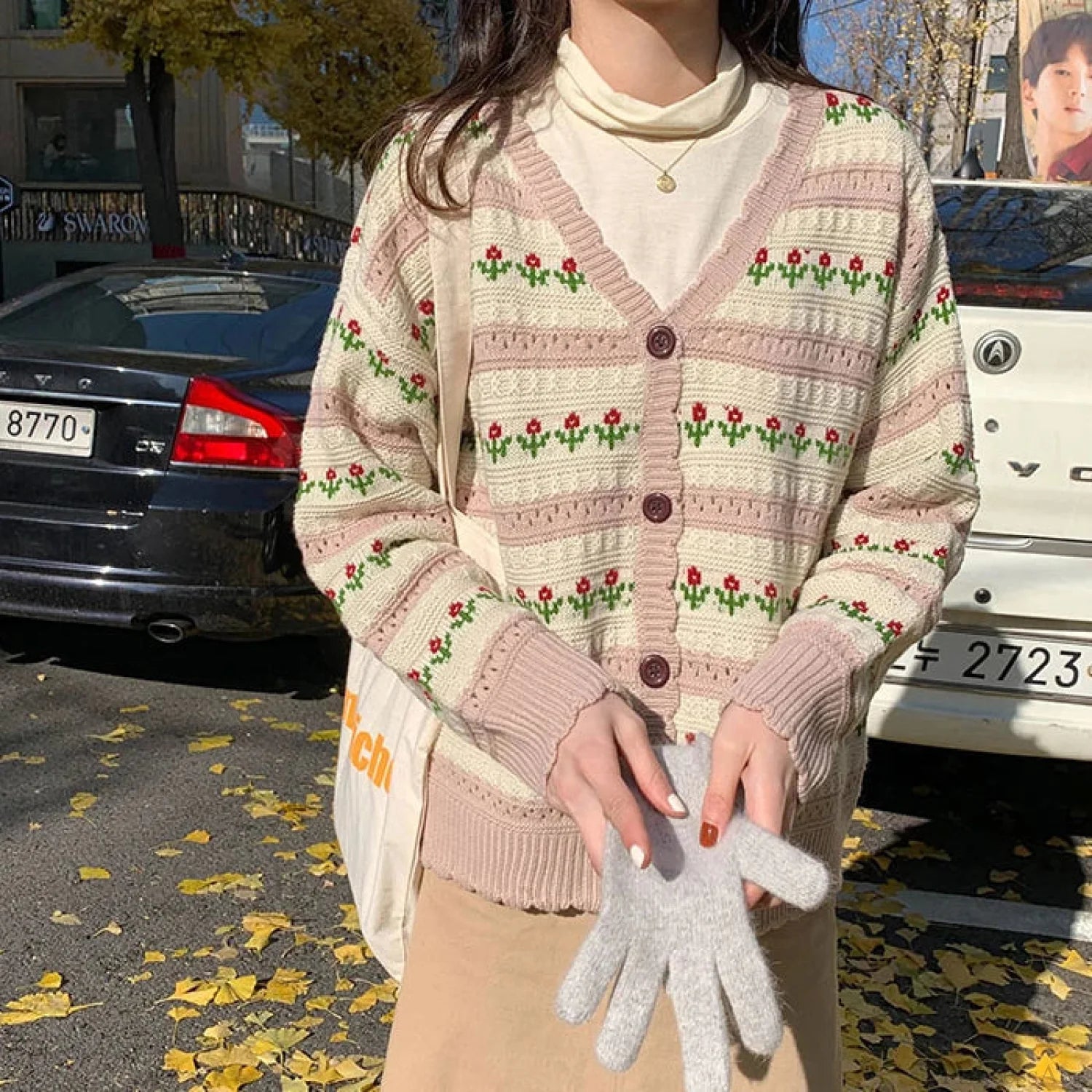 Floral Striped Textured Button Front Cardigan PINK / One Size cardiagn-250126