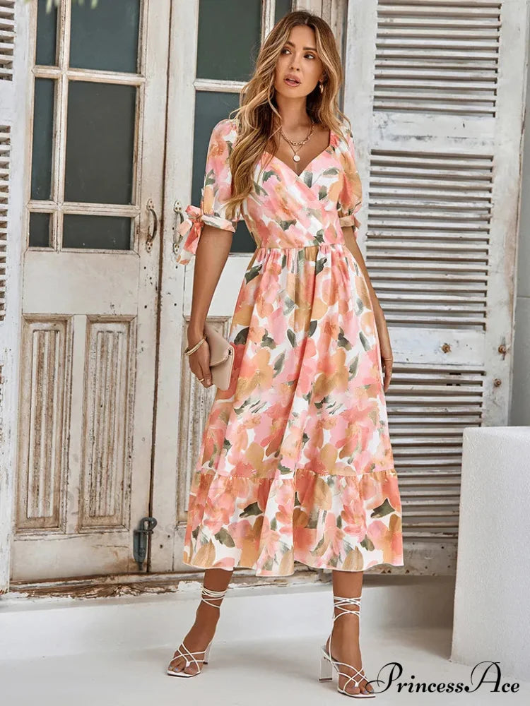 Floral Tie Cuff Dress With Surplice Neck Long Print Beach Dress