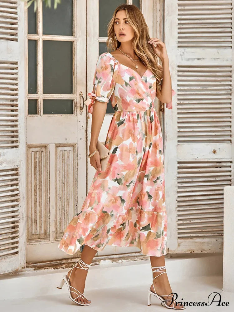 Floral Tie Cuff Dress With Surplice Neck Long Print Beach Dress