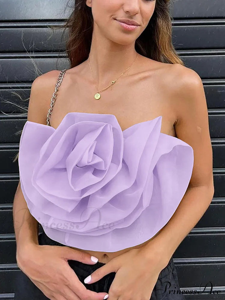 Floral Tie Strap Sheer Lace Mesh Sophisticated Scalloped Crop Tube Top - Lilac Shirts & Tops
