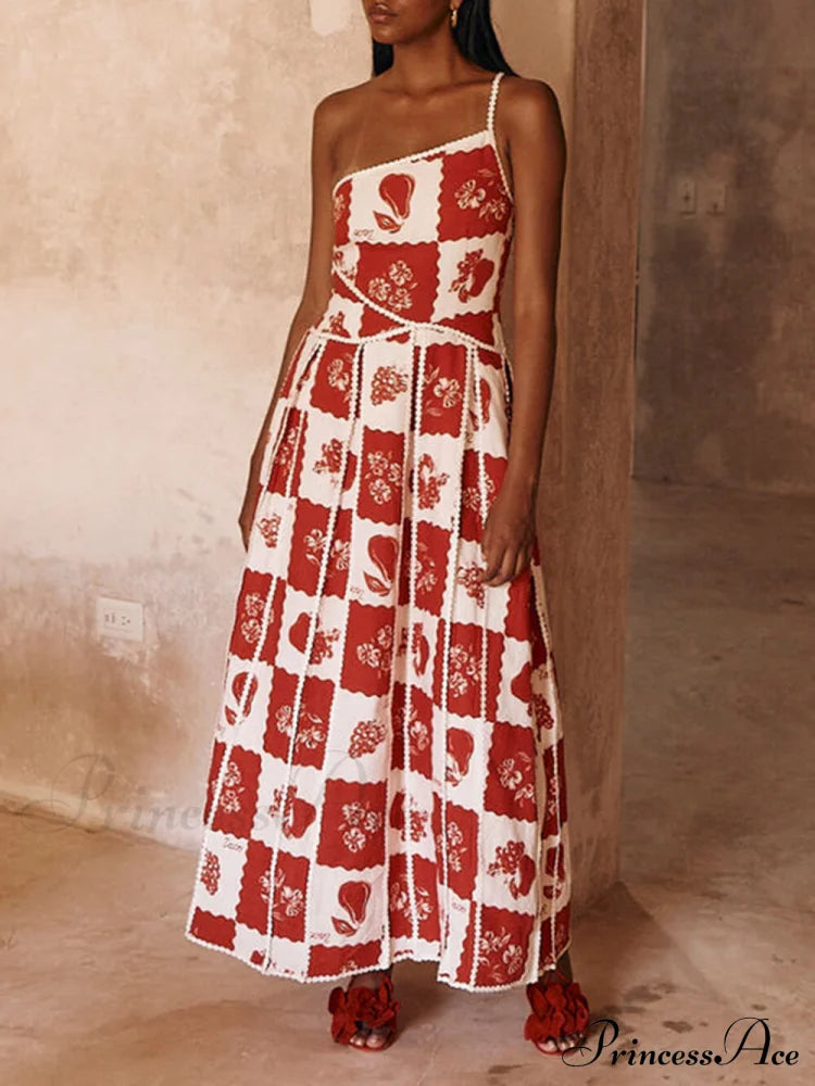 Floral Trim Unique Printed Graceful One Shoulder Flared Maxi Dress Red / S Dresses