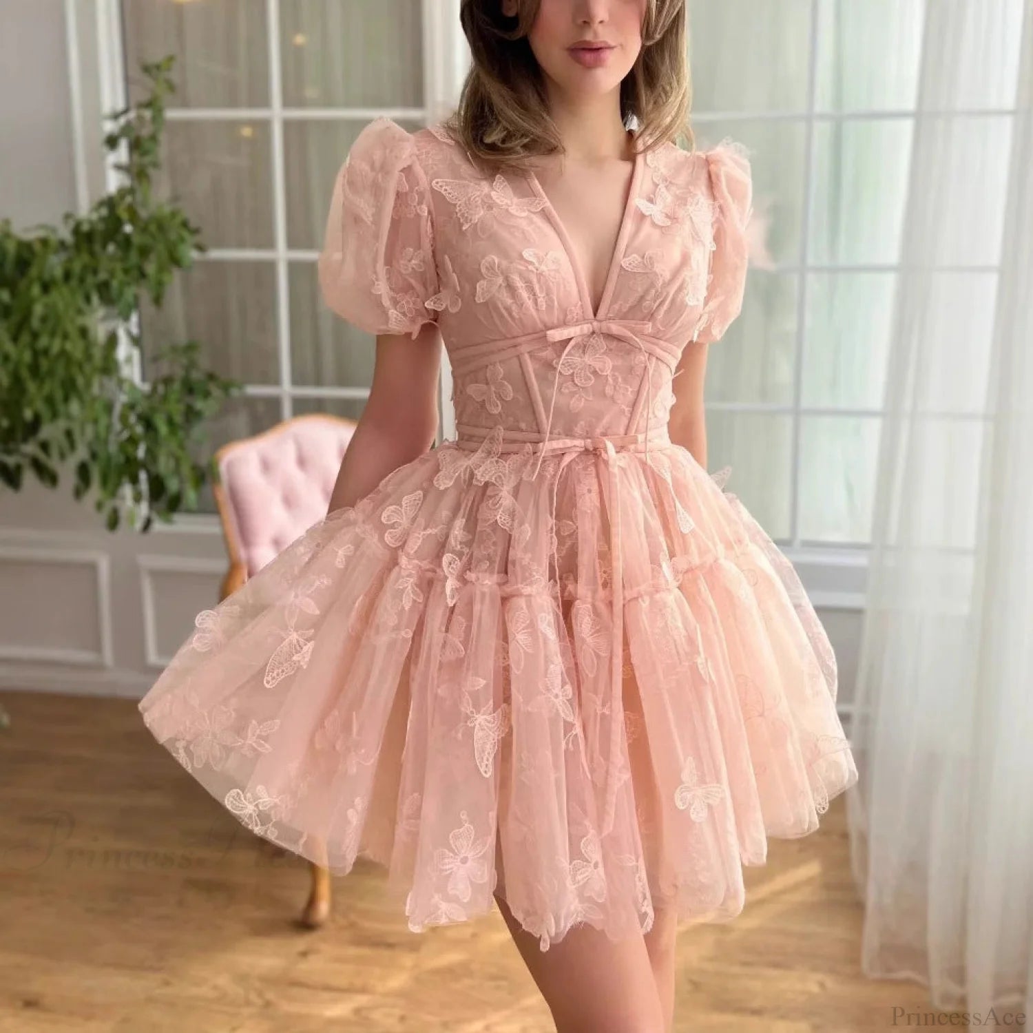 Floral V-Neck Short Wedding Dress Pink / US 2 weddingdress-250223