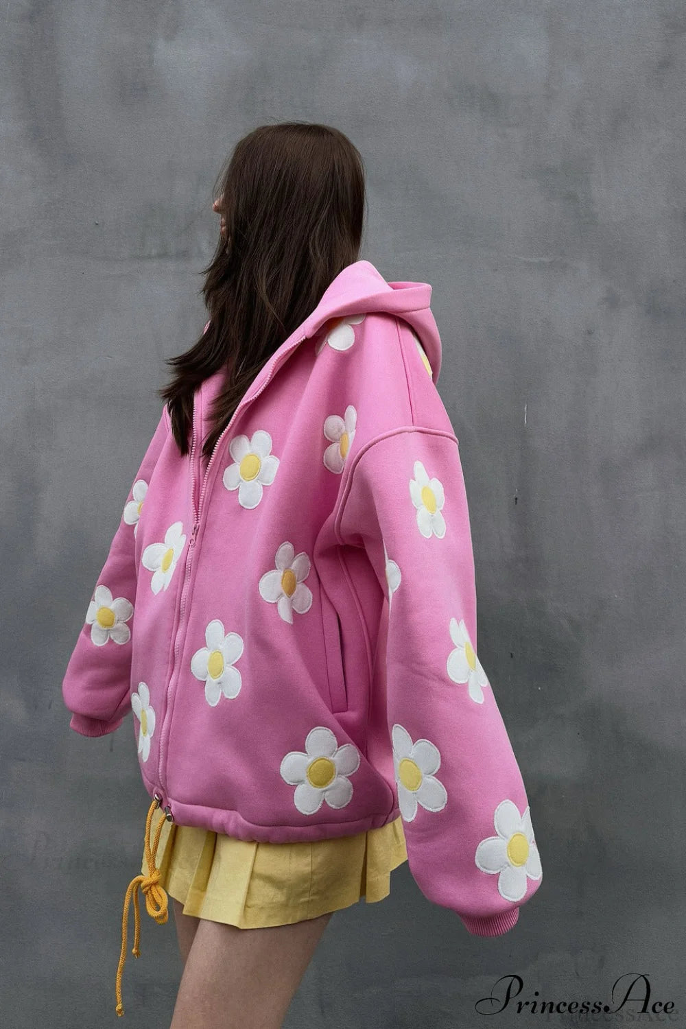 Flower Applique Loose Zip Hoodie