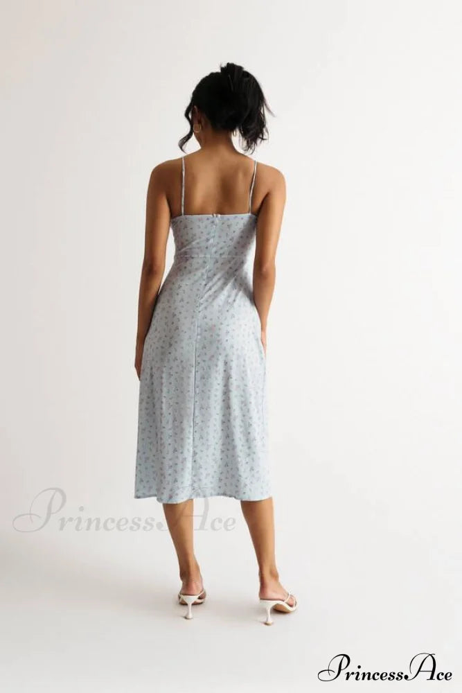Flower Fields Slip Charming Floral Split Midi Dress Blue / L