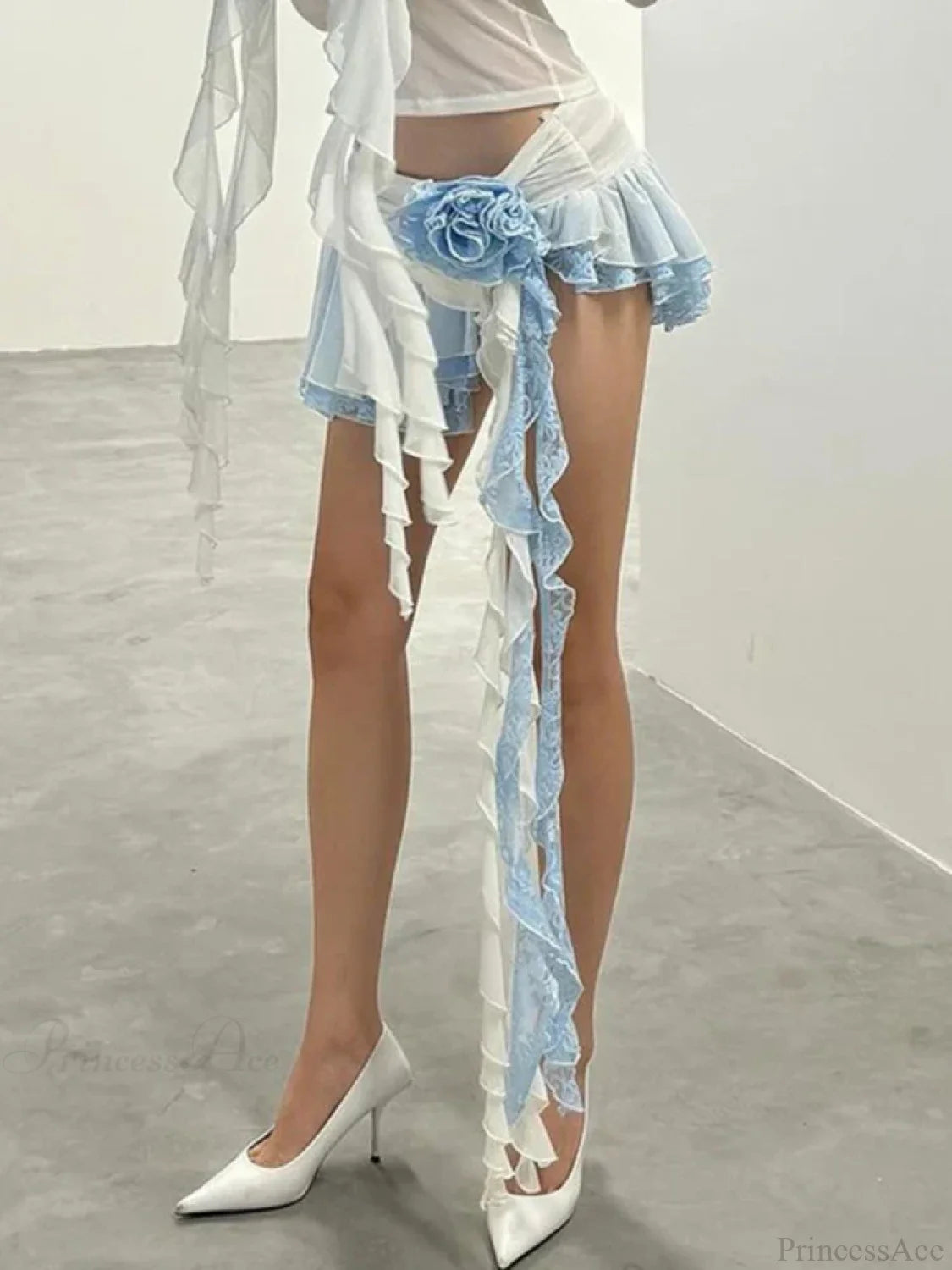 Flower Lace Mini Skirt Asymmetrical Ruffle High Street Skirt skirt-250126