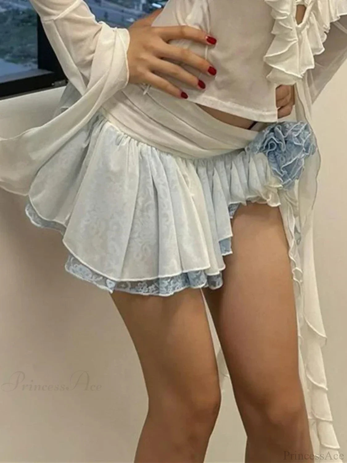 Flower Lace Mini Skirt Asymmetrical Ruffle High Street Skirt skirt-250126