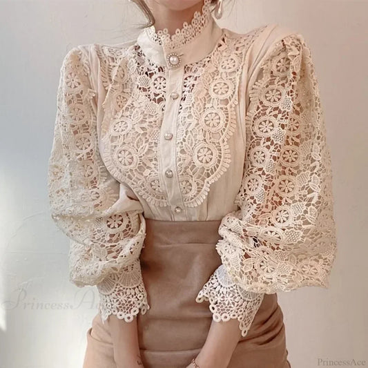 Flower Lace Patchwork Petal Sleeve Blouse Apricot / S blouse-250223
