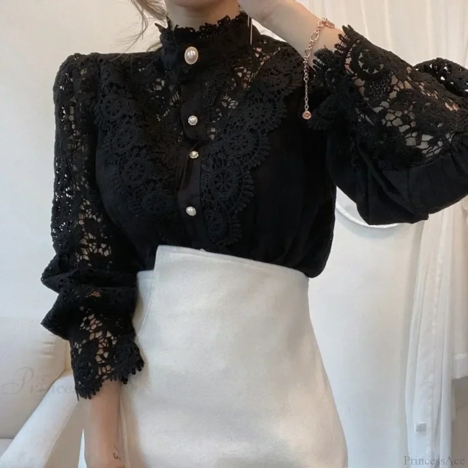 Flower Lace Patchwork Petal Sleeve Blouse Black / S blouse-250223