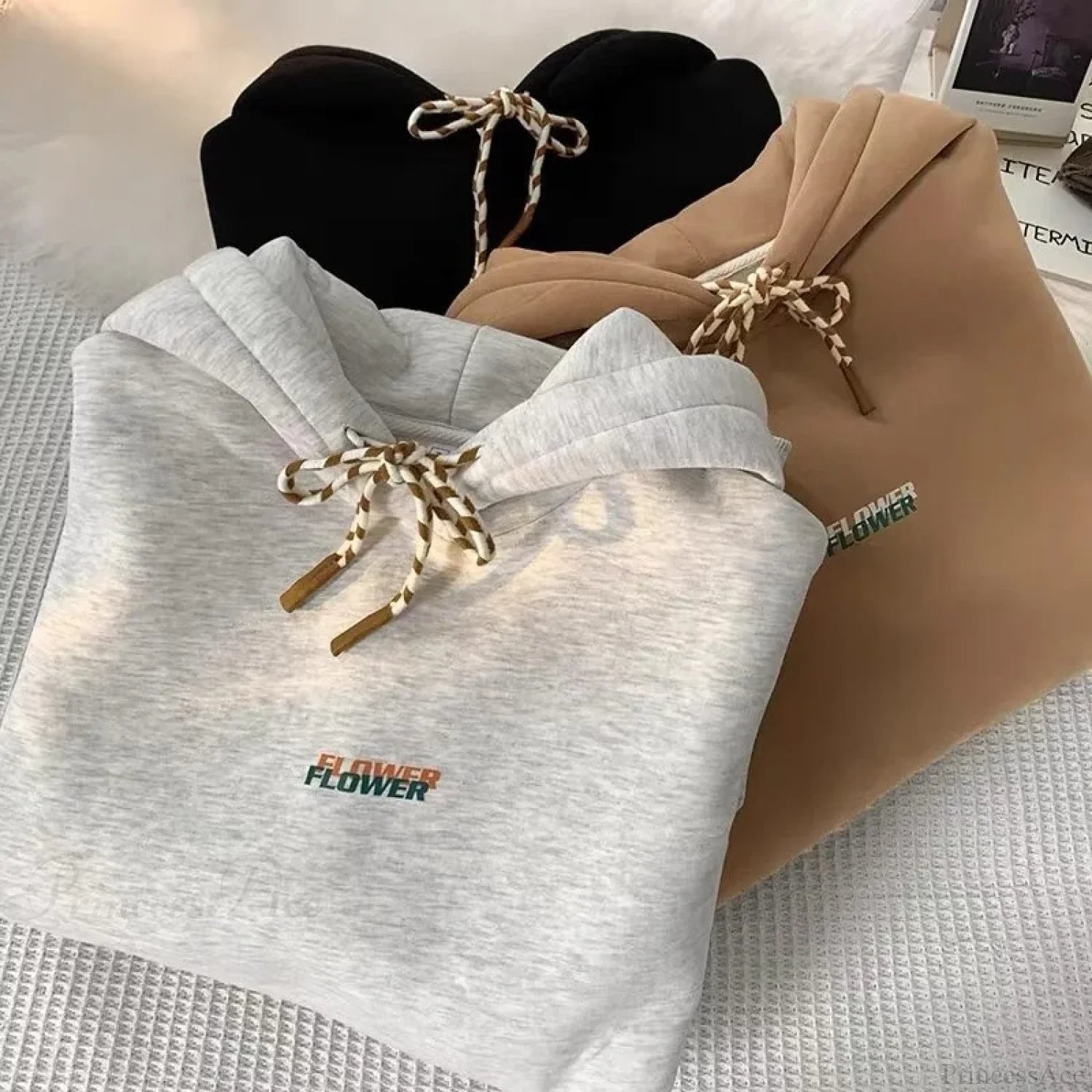 FLOWER Letter Print Y2K Fleece Hoodie