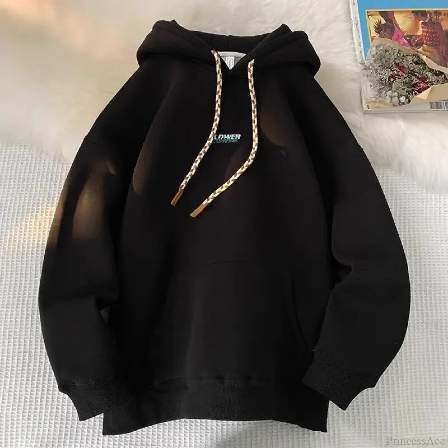 FLOWER Letter Print Y2K Fleece Hoodie