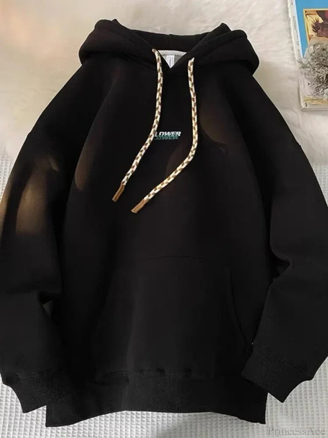 FLOWER Letter Print Y2K Fleece Hoodie Black / M(40-45KG)